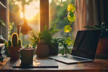 A clear desk with a closed laptop, a notebook and a plant by a bright window
